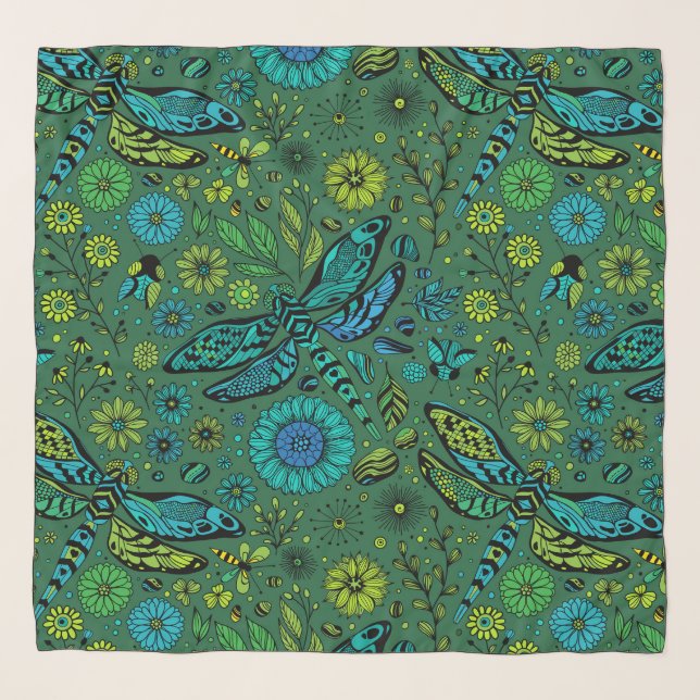 Fly, fly dragonfly on emerald green scarf (Front)