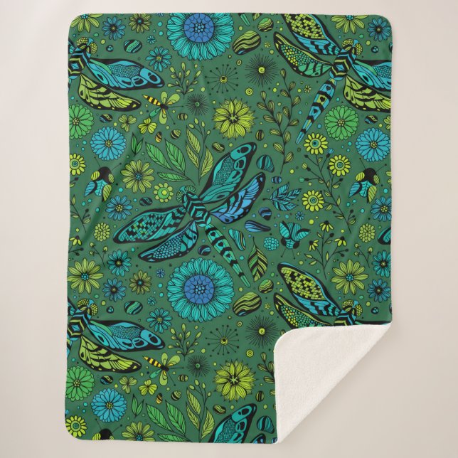 Fly, fly dragonfly on emerald green sherpa blanket (Front)