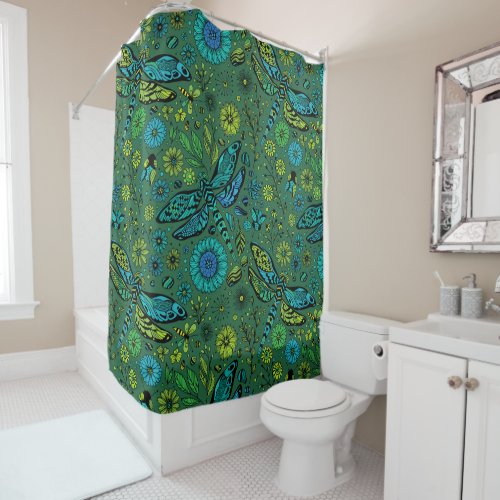 Fly fly dragonfly on emerald green shower curtain