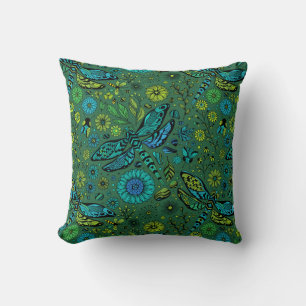 Fly, fly dragonfly on emerald green throw pillow