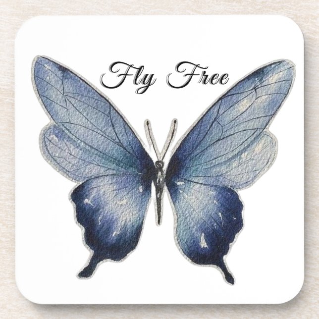 Fly Free – Blue Butterfly Art Design Beverage Coaster (Front)