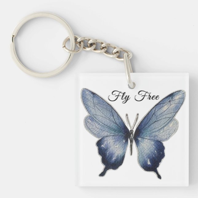 Fly Free – Blue Butterfly Art Design Keychain (Front)