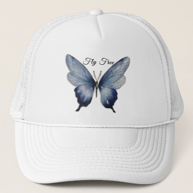 Fly Free – Blue Butterfly Art Design Trucker Hat (Front)