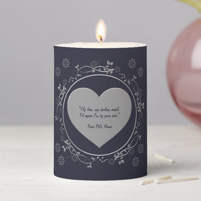 Fly Free Quote Silver Heart Pet Memorial Pillar Candle (In Situ)