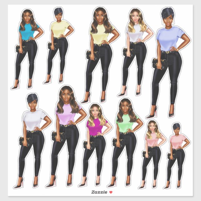 Fly Girl Lady In Jeans And Tee Shirts Sticker Set (Sheet)