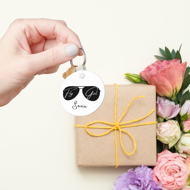 ‘Fly Girl’ Script on Black Aviator Sunglasses,Fun Keychain (Creator Uploaded)