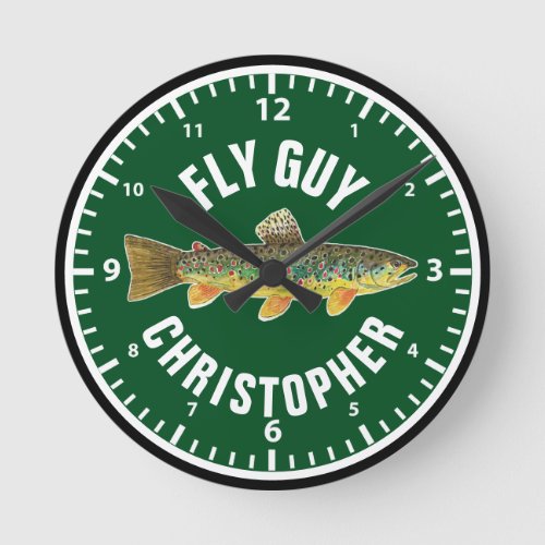 FLY GUY Brown Trout Fishing Fisherman Custom Green Round Clock