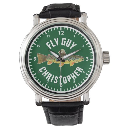 FLY GUY Brown Trout Fishing Fisherman Custom Green Watch