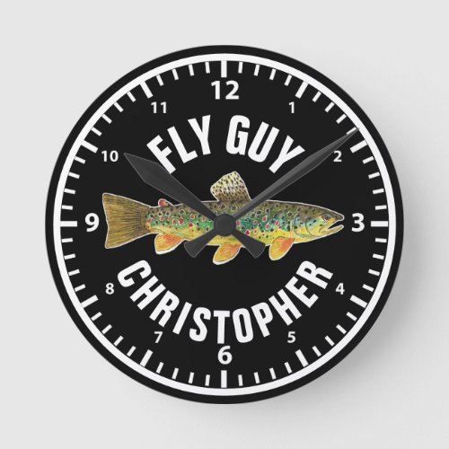 FLY GUY Brown Trout Fishing Personalize Fisherman Round Clock