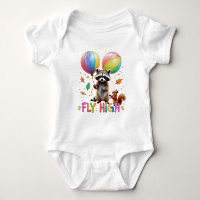 Fly High Cute Raccoon and Squirrel with Balloon Baby Bodysuit (Front)