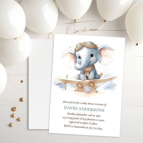 Fly into Adorable Bliss Elephant Watercolor Baby  Invitation