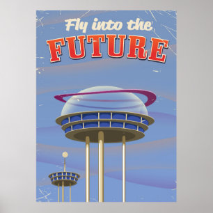 Fly into the Future vintage sci-fi poster