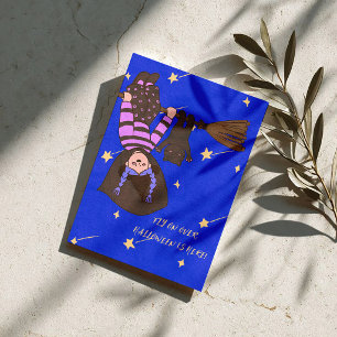 Fly On Over Cute Witch Halloween Party Card