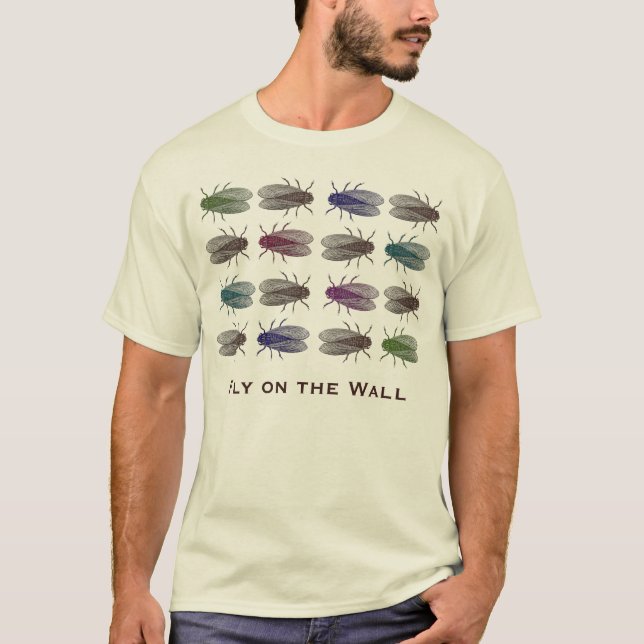 Fly on the Wall T-Shirt with Multicolored Flies (Front)