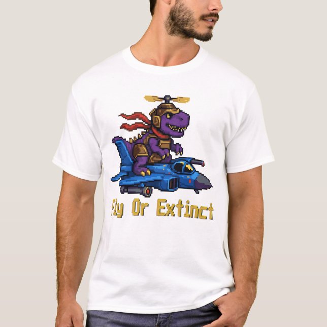 Fly Or Extinct Pixel Art Dinosaur Pilot Fighter Je T-Shirt (Front)