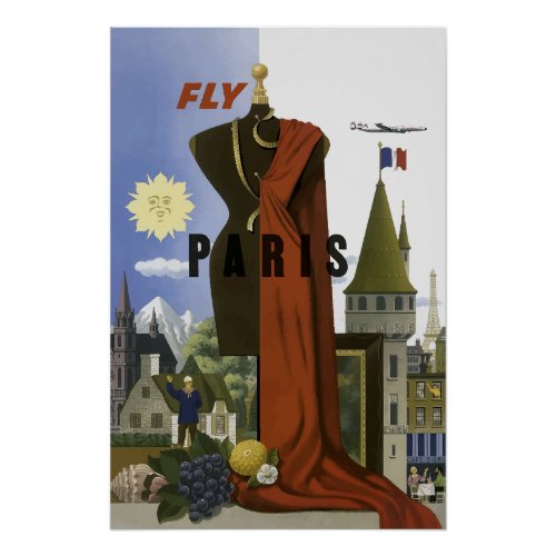 Fly Paris France Vintage Travel Poster