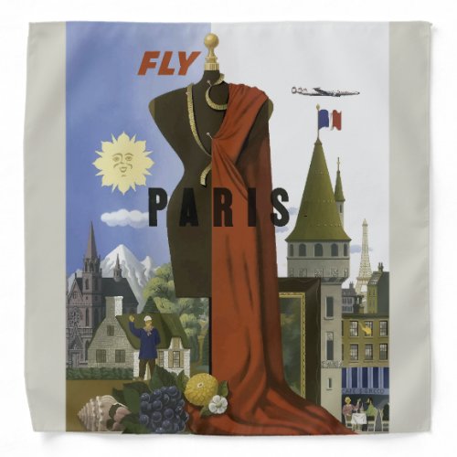 Fly Paris France Vintage Travel Poster Bandana
