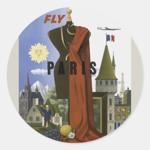 Fly Paris France Vintage Travel Poster Classic Round Sticker