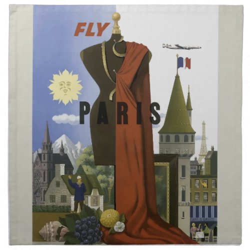 Fly Paris France Vintage Travel Poster Cloth Napkin
