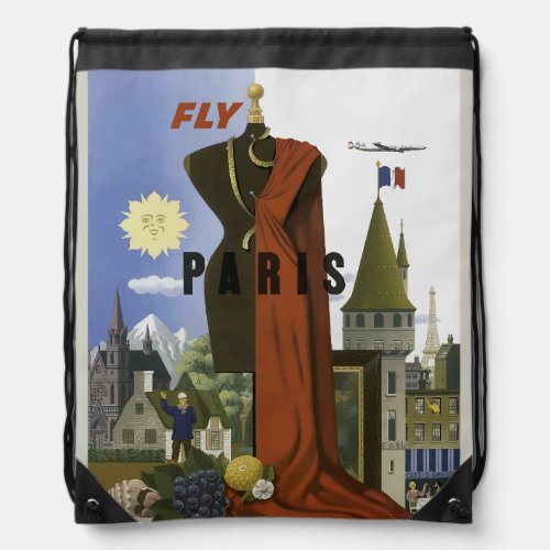 Fly Paris France Vintage Travel Poster Drawstring Bag
