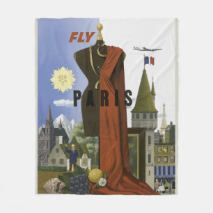 Fly Paris France Vintage Travel Poster Fleece Blanket