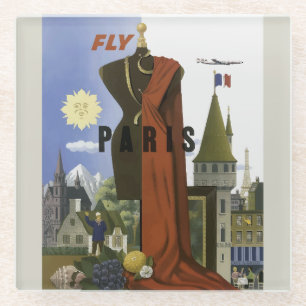Fly Paris France Vintage Travel Poster Glass Coaster