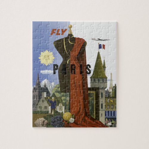 Fly Paris France Vintage Travel Poster Jigsaw Puzzle