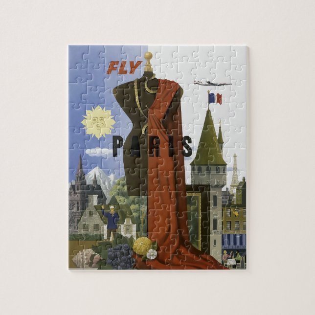 Fly Paris France Vintage Travel Poster Jigsaw Puzzle (Vertical)