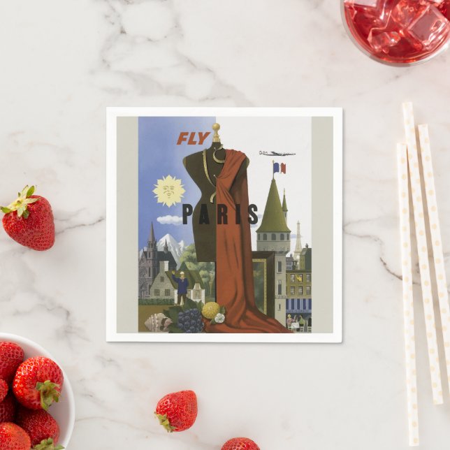 Fly Paris France Vintage Travel Poster Napkins (Insitu)