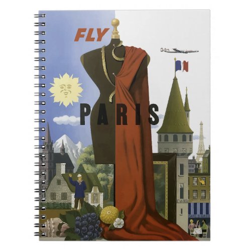 Fly Paris France Vintage Travel Poster Notebook