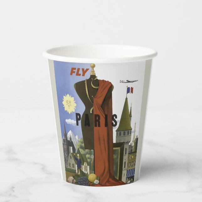 Fly Paris France Vintage Travel Poster Paper Cups (Front)