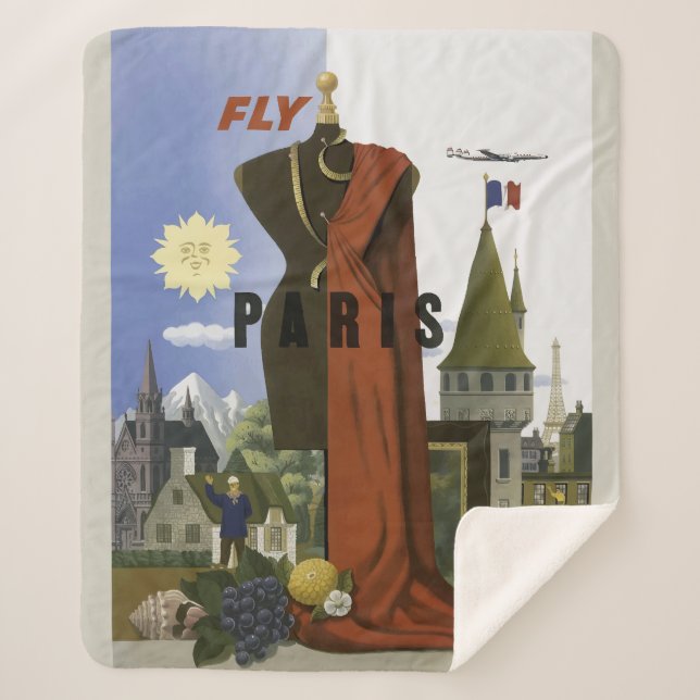 Fly Paris France Vintage Travel Poster Sherpa Blanket (Front)