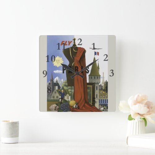 Fly Paris France Vintage Travel Poster Square Wall Clock
