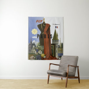Fly Paris France Vintage Travel Poster Tapestry