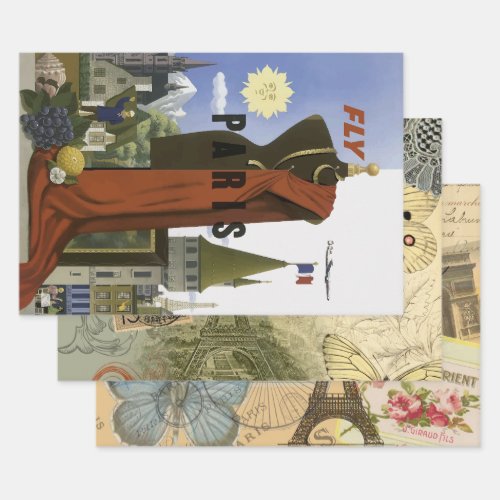 Fly Paris France Vintage Travel Poster Wrapping Paper Sheets