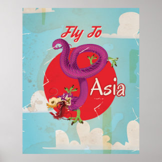 Fly to Asia Vintage Travel Poster