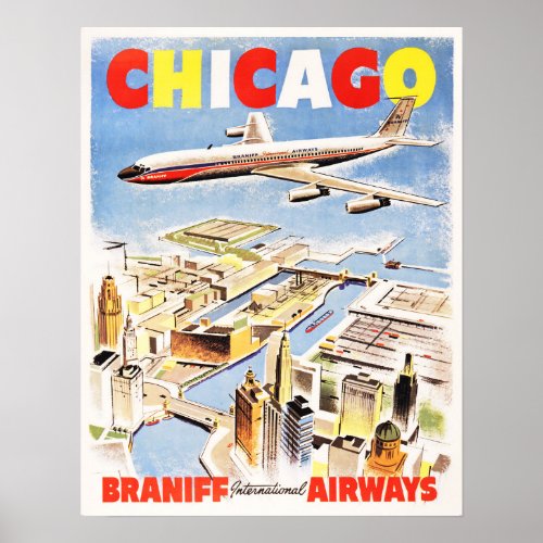 Fly to CHICAGO ILLINOIS USA Retro Airlines Travel Poster