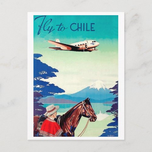 Fly to Chile man with horse vintage airline Postcard