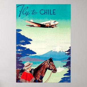 Fly to chile, man with horse, vintage airline poster
