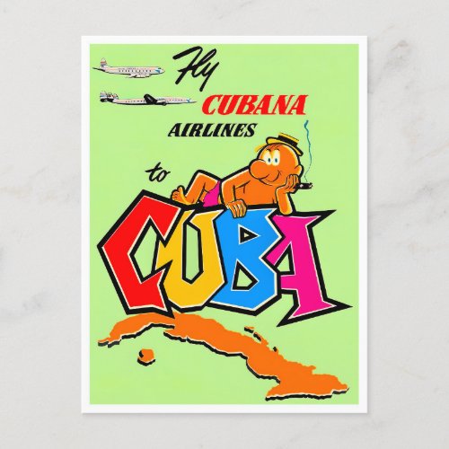 Fly to Cuba vintage travel postcard