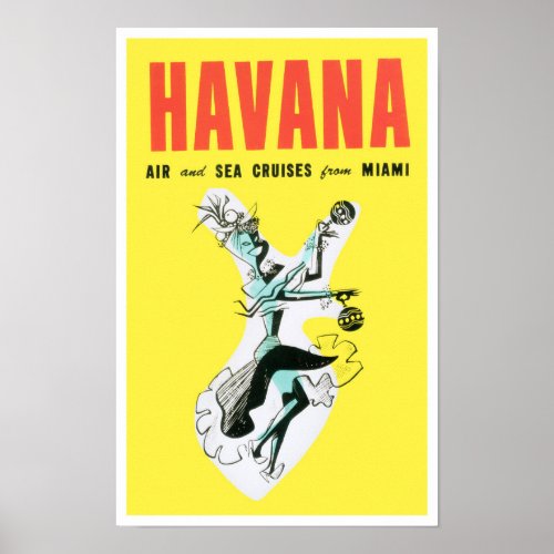 Fly to Havana Cuba vintage travel poster