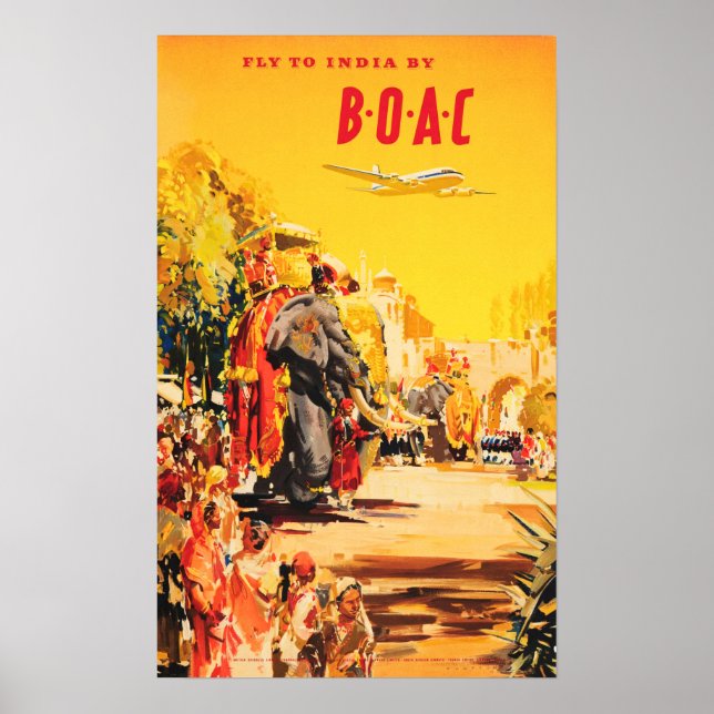 FLY TO INDIA by BOAC Tours Holidays Old Travel Poster (Front)