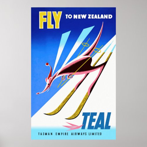 Fly to New Zealand Vintage Travel Poster