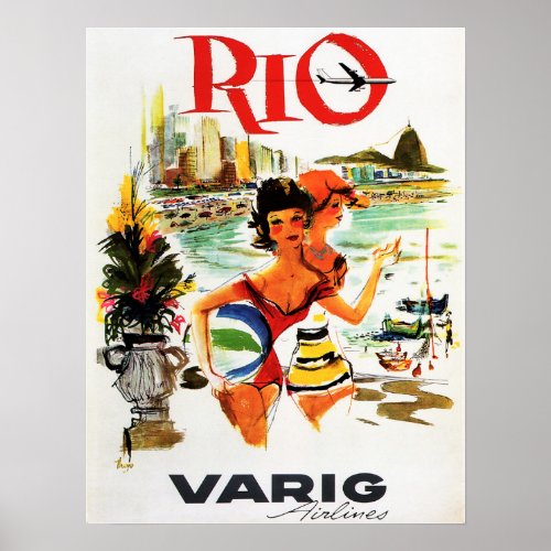 Fly to RIO BRAZIL Varig Airlines Vintage Travel Poster