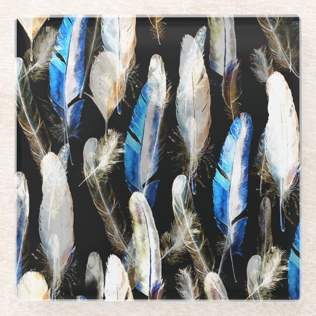 Fly Watercolor Feathers: Seamless Background Glass Coaster (Front)
