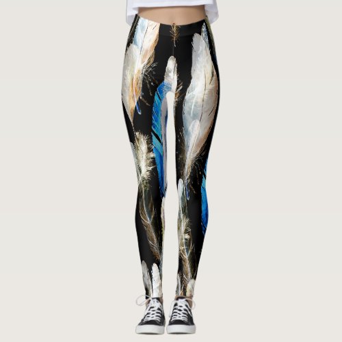 Fly Watercolor Feathers Seamless Background Leggings