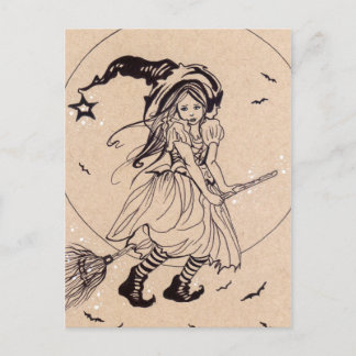 Fly With Me little witch broom halloween postcard