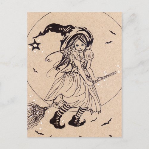 Fly With Me little  witch broom halloween postcard