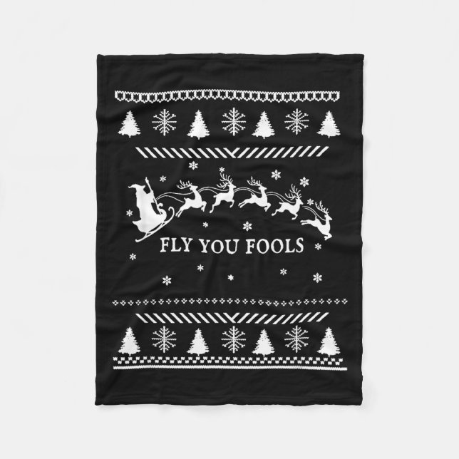 Fly You Fools Wizard Santa Sleigh Reindeer Christm Fleece Blanket (Front)
