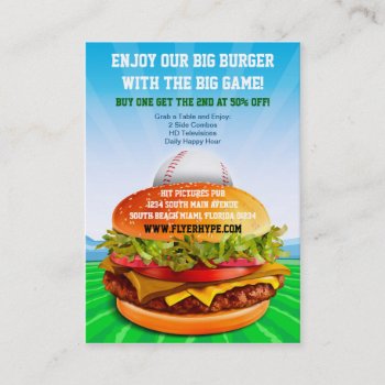 Flyer Hype Burger Cafe Sports Bar Baseball Food Business Card by MyBindery at Zazzle